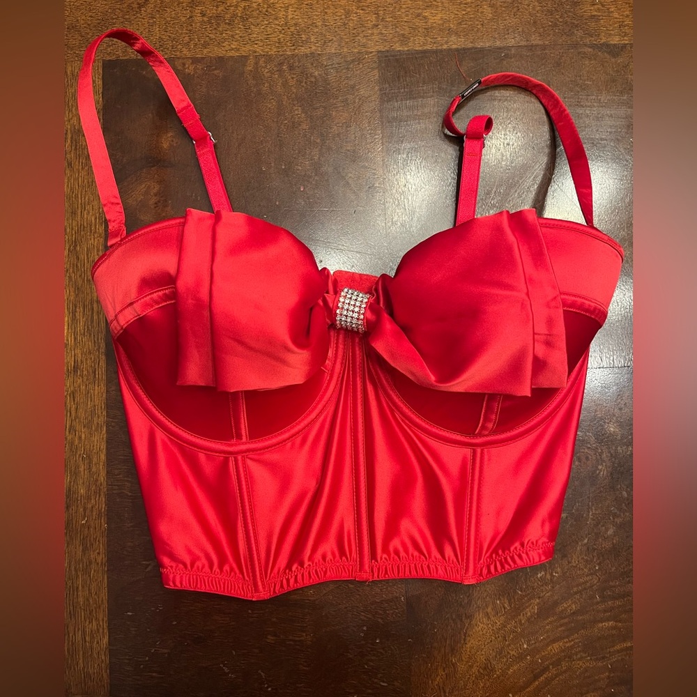 Victorias Secret Dream Angels Bra Corset Red Satin Bow 34DD Valentines Lingerie
